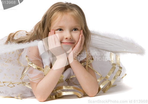 Image of beautiful girl in white dress lie on floor