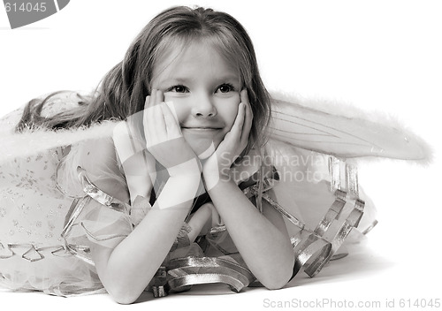 Image of beautiful girl in white dress lie on floor