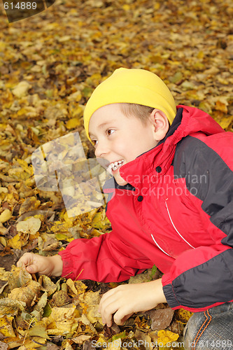 Image of Smiling boy on autumn leaves