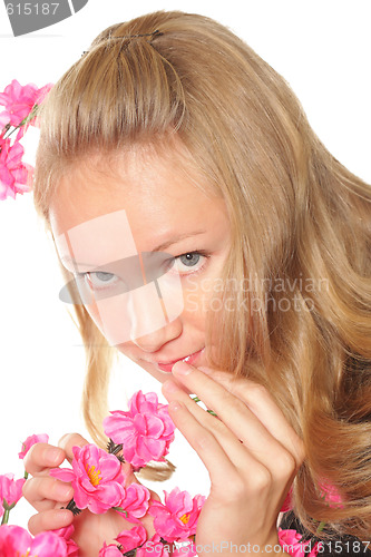 Image of Girl and pink flowers