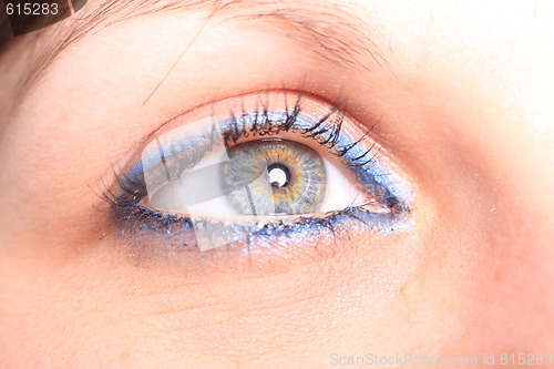 Image of beautiful woman`s open colorful eye