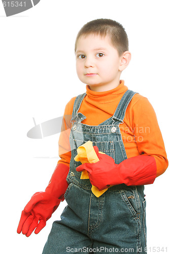 Image of Boy in red rubber gloves