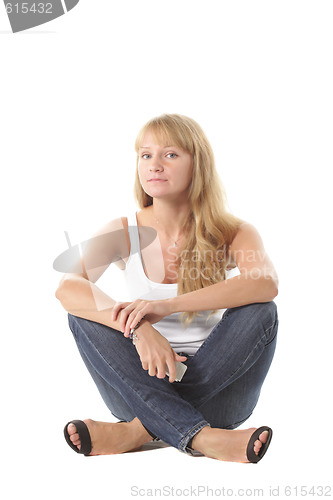 Image of Girl in casual sitting on white