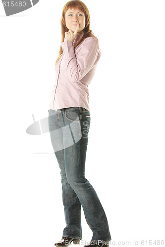 Image of Redhead in pink shirt