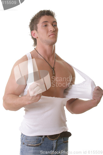 Image of Man tearing shirt