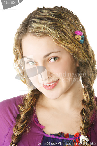 Image of Portrait of young woman in lilac