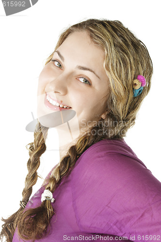 Image of Smiling woman in lilac shirt sideview