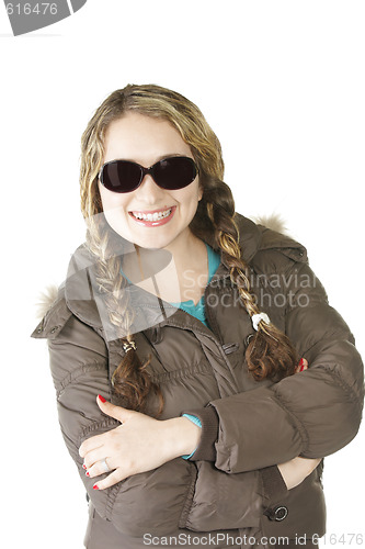 Image of Smiling girl in sunglasses hands folded