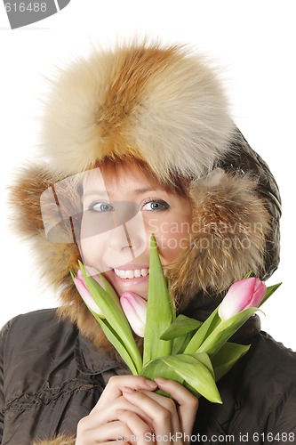 Image of Winter woman with pink tulips