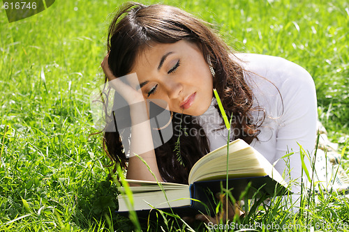 Image of Reading book on grass
