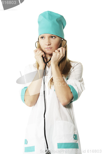 Image of Doctor putting on stethoscope