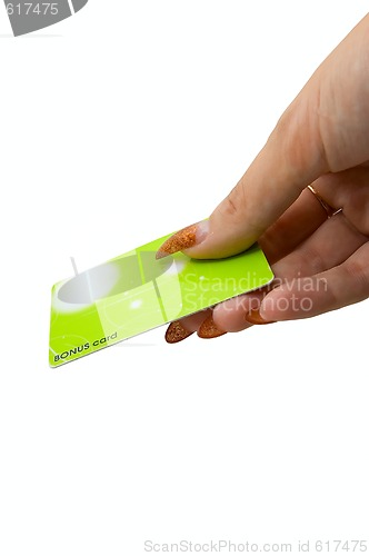 Image of Female hand hold bonus card 