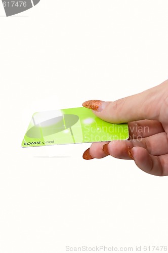 Image of Female hand hold bonus card 