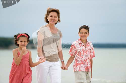 Image of Mother and kids walking on the beach