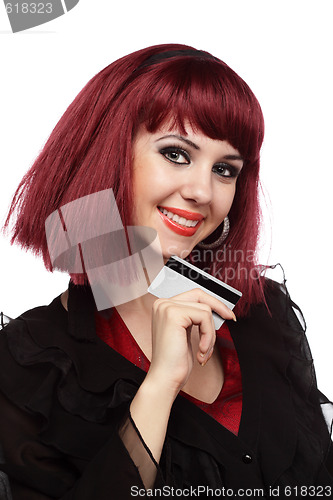 Image of Happy woman holding credit card