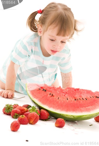 Image of little girl with strawberry and watermelon