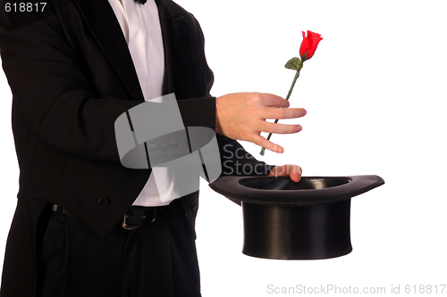 Image of performing with high hat  and red rose 