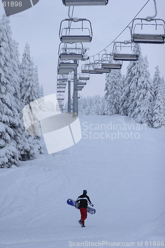 Image of lone snow boarder on piste