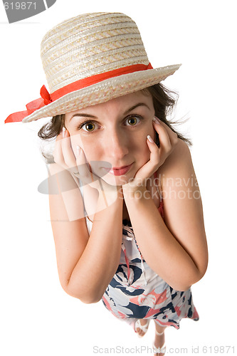 Image of surprised woman in straw hat