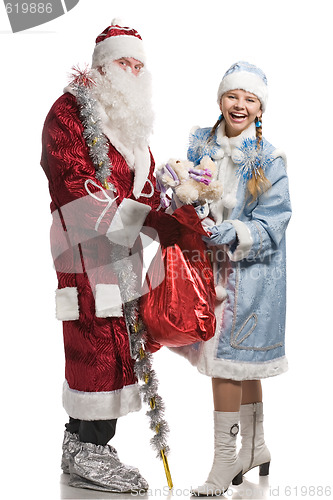 Image of Snow girl and Santa Claus with gifts