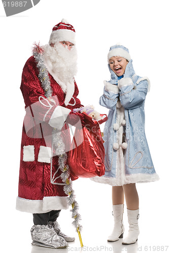 Image of Surprised snow maiden and Santa Claus