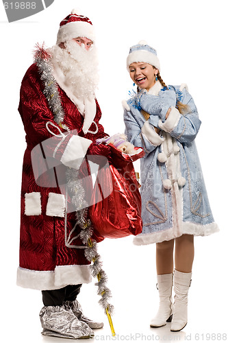 Image of Smiling snow maiden and Santa Claus