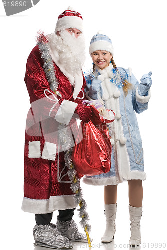 Image of Smiling snow maiden and Santa Claus