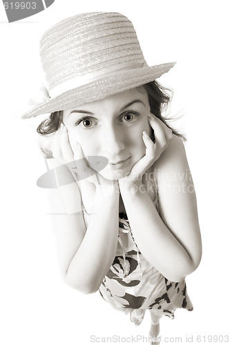 Image of surprised woman in straw hat