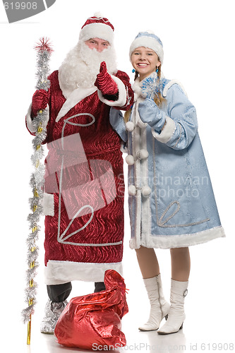 Image of Santa Claus and snow maiden giving thumbs-up sign