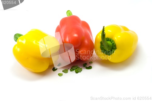 Image of Yellow and red paprika on the white background