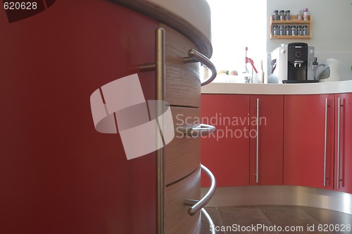 Image of Red modern kitchen.