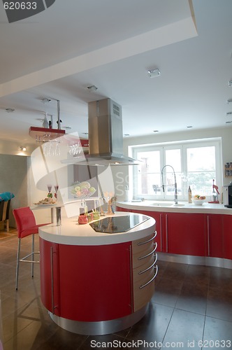 Image of Red modern kitchen.