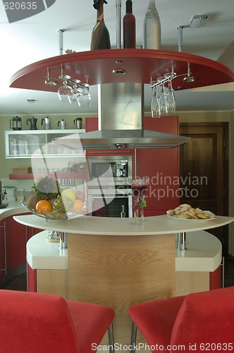 Image of Red modern kitchen.