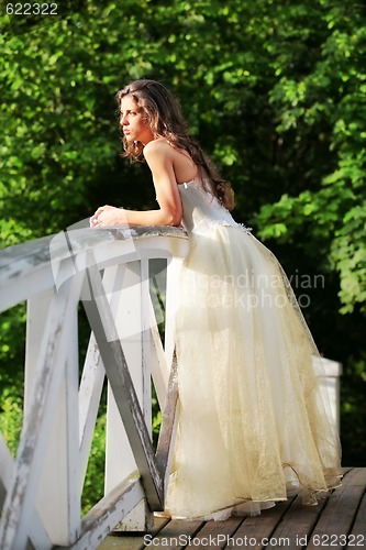 Image of beautiful bride on the wooden bridge