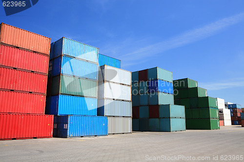 Image of cargo freight containers stack in harbor