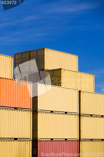 Image of shipping freight cargo containers stack in harbor