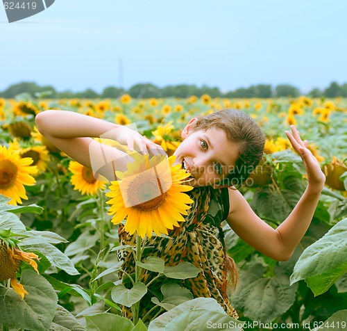 Image of Beauty teen girl and sunflower