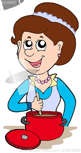Image of Smiling woman cooking at home