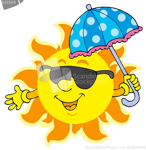 Image of Sun in sunglasses with umbrella