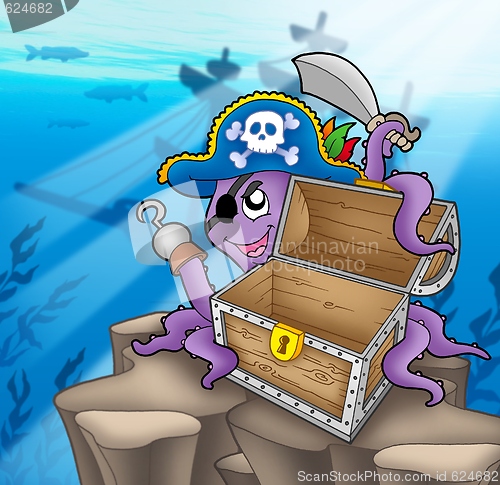 Image of Pirate octopus with chest in sea
