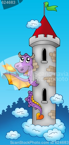 Image of Purple dragon on castle tower