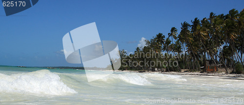 Image of breaking waves alongside tropical beach