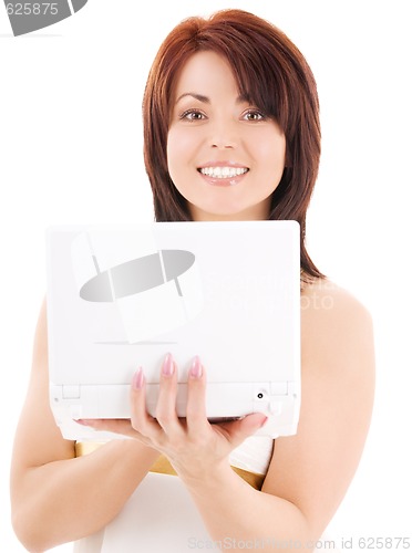 Image of happy woman with laptop computer