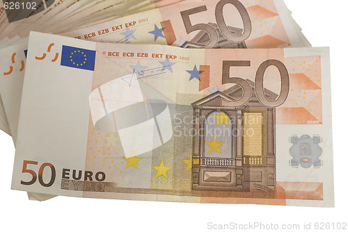 Image of close-ups of a fan of 50 Euro bank notes 