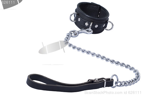 Image of Black leather collar with the leash on white background