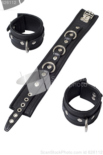 Image of Black Leather Collar with Locking Hand Cuffs