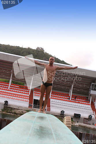 Image of PHUKET - AUGUST 11: Phuket Stunt Show diver rehearses for the sh