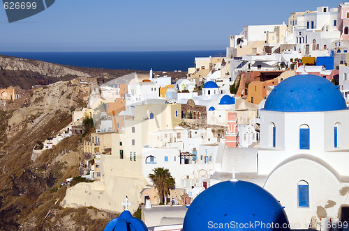 Image of blue dome churches and cyclades architecture oia ia santorini gr