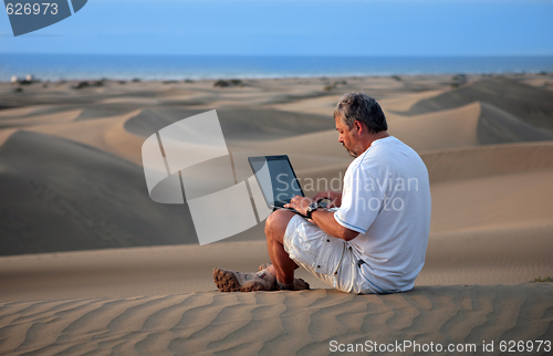 Image of Man with laptop sitting in the desert.