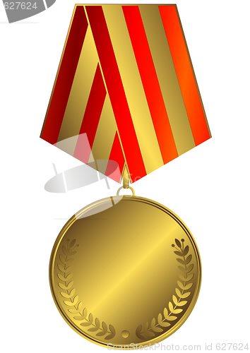 Image of Gold medal with red and golden striped ribbon